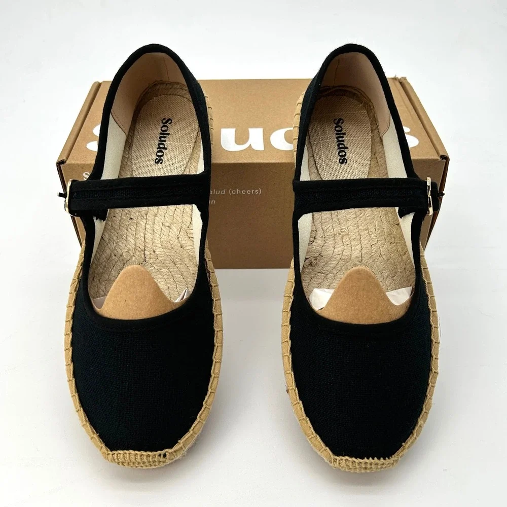 Soludos Mary Jane Espadrilles Womens Size 7-7.5 Black Organic Cotton Flats NEW